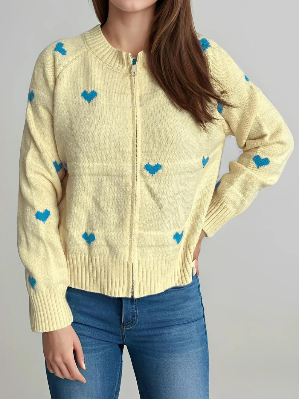 Heart Round Neck Zip Up Cardigan, image 25