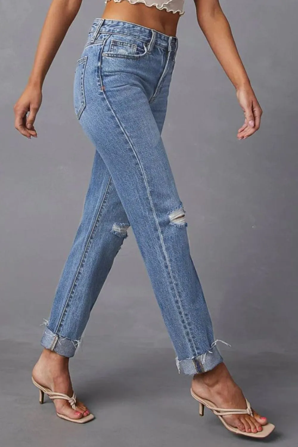 Distressed Raw Hem Straight Jeans with Pockets, image 5