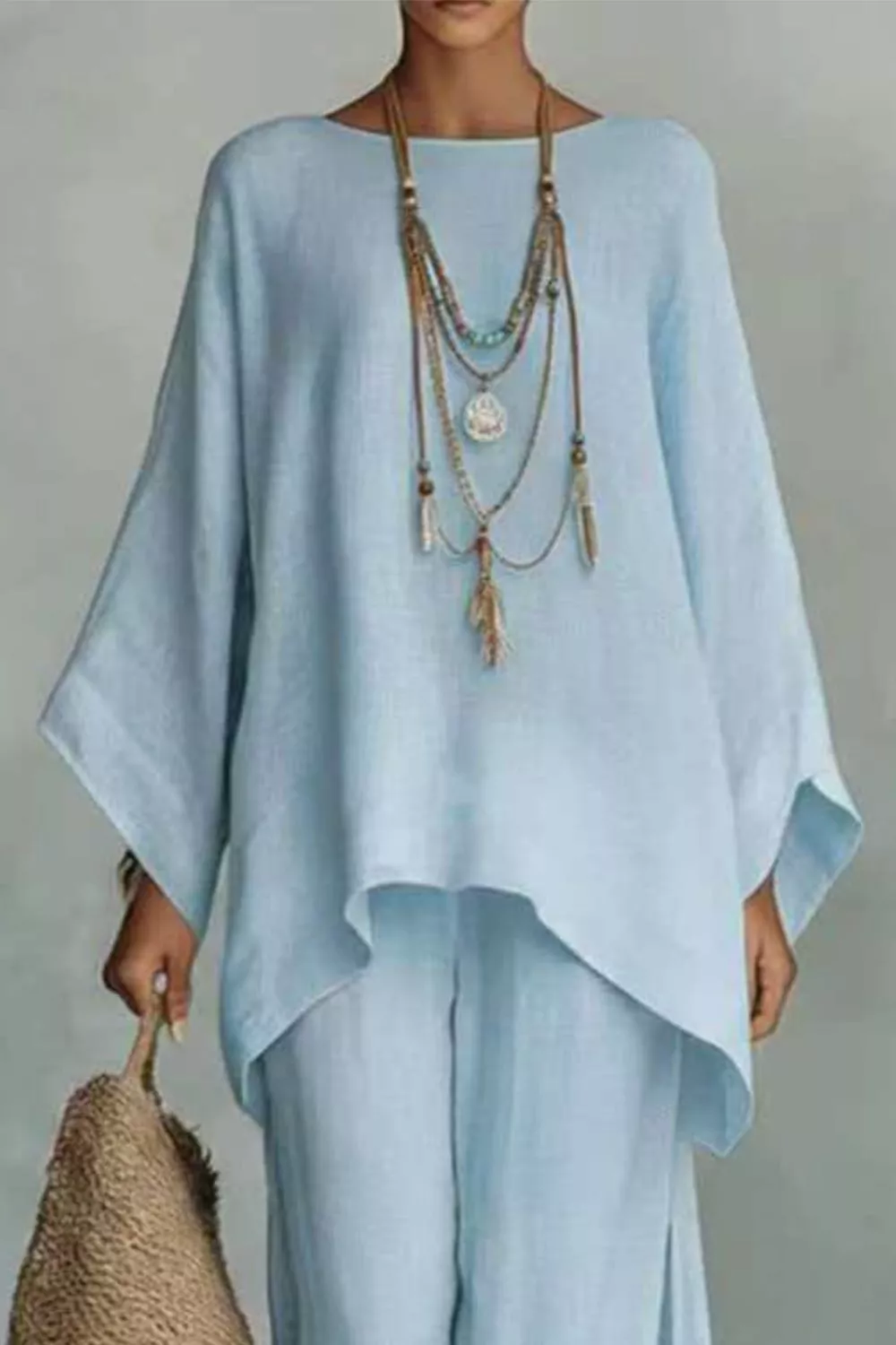 Solid Color Long Sleeve Top and Wide Leg Pants Set, image 9