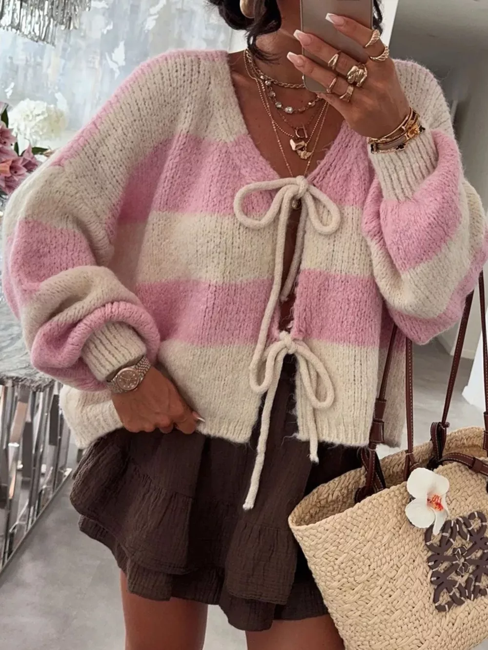 Striped Tie-Front Knit Cardigan, image 2