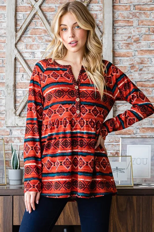 Full Size Geometric Button Detail Long Sleeve Babydoll Top, image 5