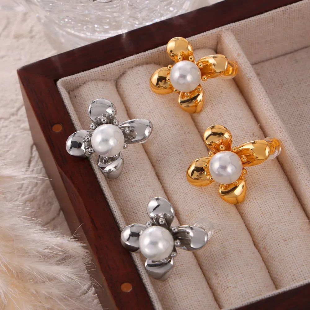 Synthetic Pearl Titanium Steel Flower Earrings, image 2