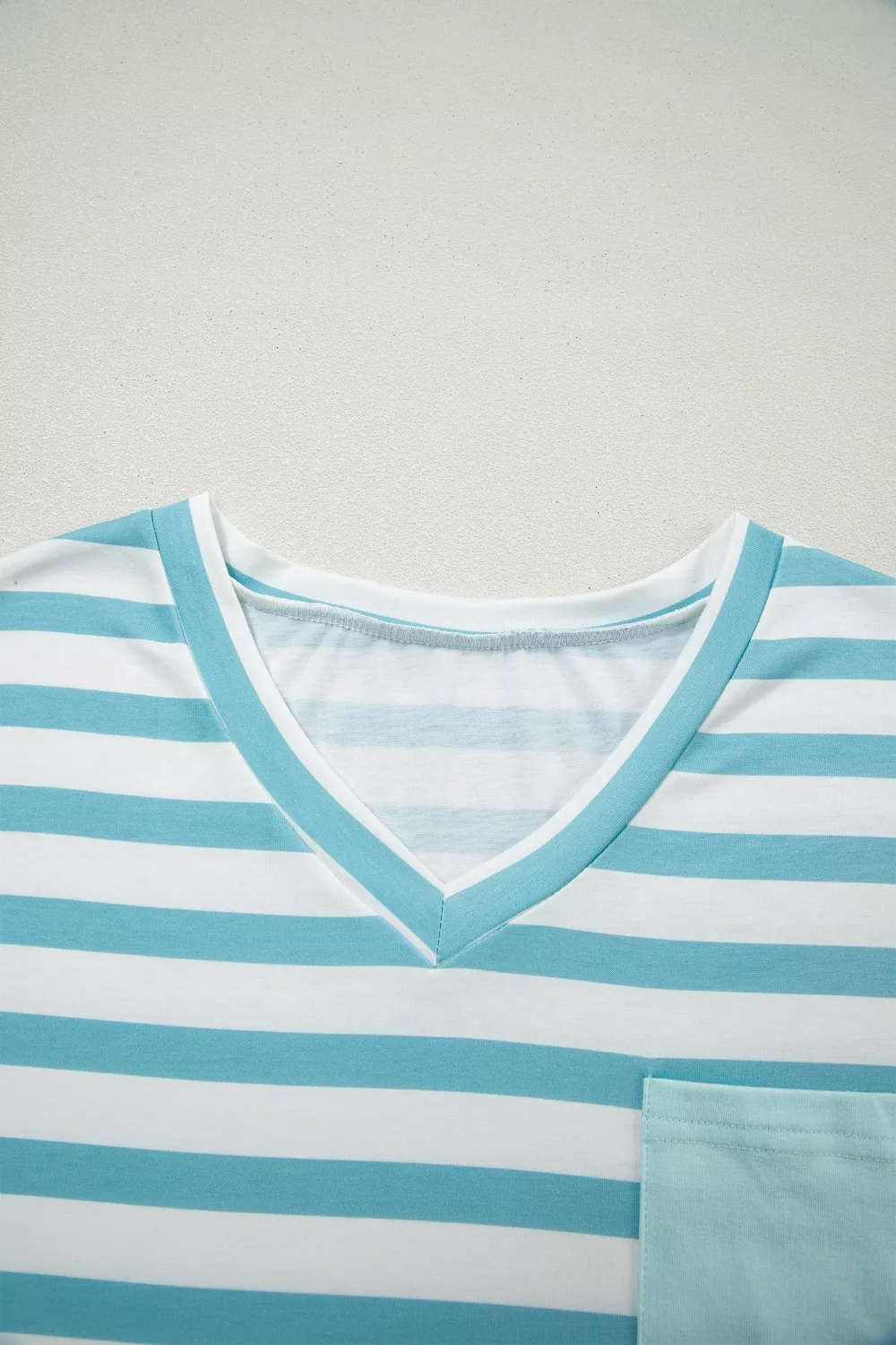Stripe V Neck Patched Pocket Casual T Shirt, image 5