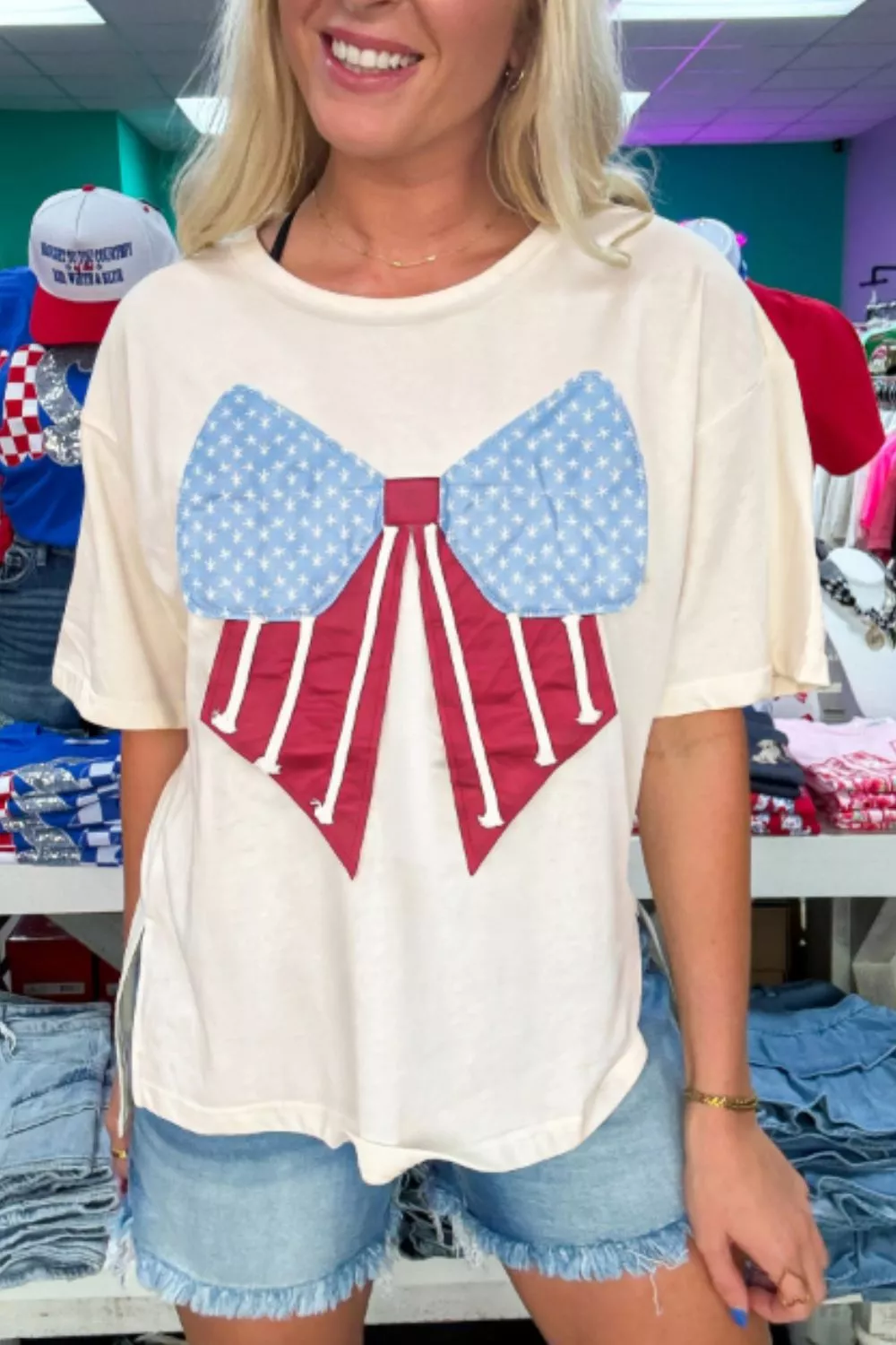 Loose Knit Vintage Flag Bow Patched T Shirt, image 2