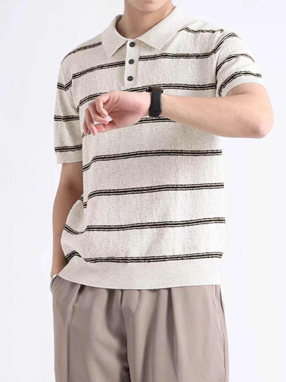 Men's Plus Size Striped Knit Button Detail Polo, image 4