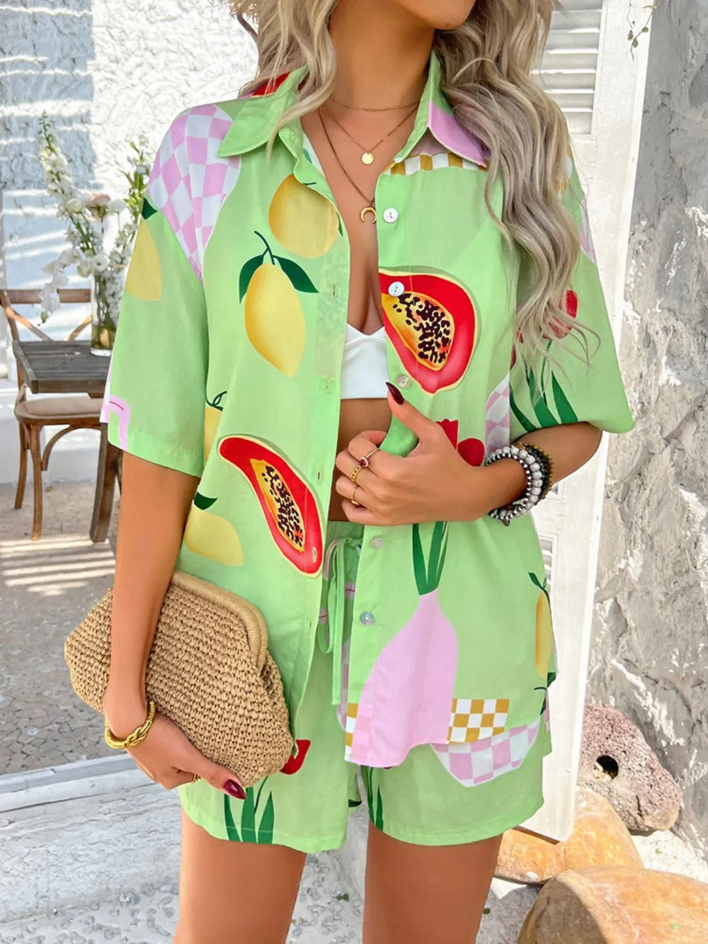 Printed Button Down Shirt and Shorts Set, image 28