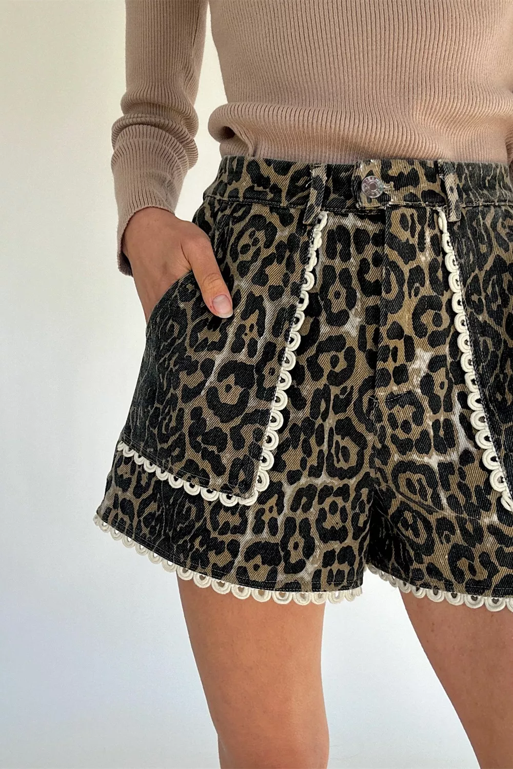 Lace Trim Leopard Denim Shorts, image 3