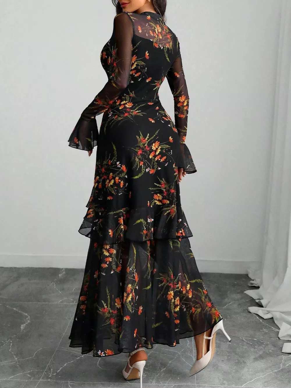 Floral Print Flounce Sleeve Mermaid Maxi Dress, image 3