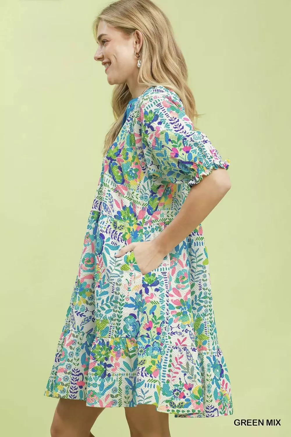 Mix Botanical Print Puff Sleeve Tiered Dress, image 2
