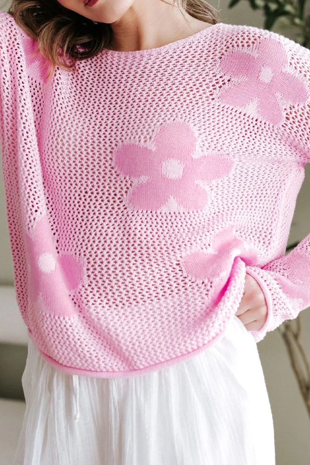 Openwork Round Neck Floral Knit Cover Up, image 9