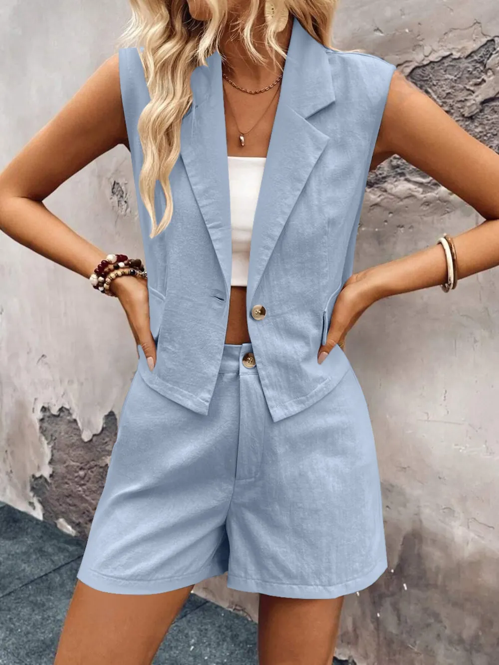 One Button Sleeveless Top and Shorts Set, image 10