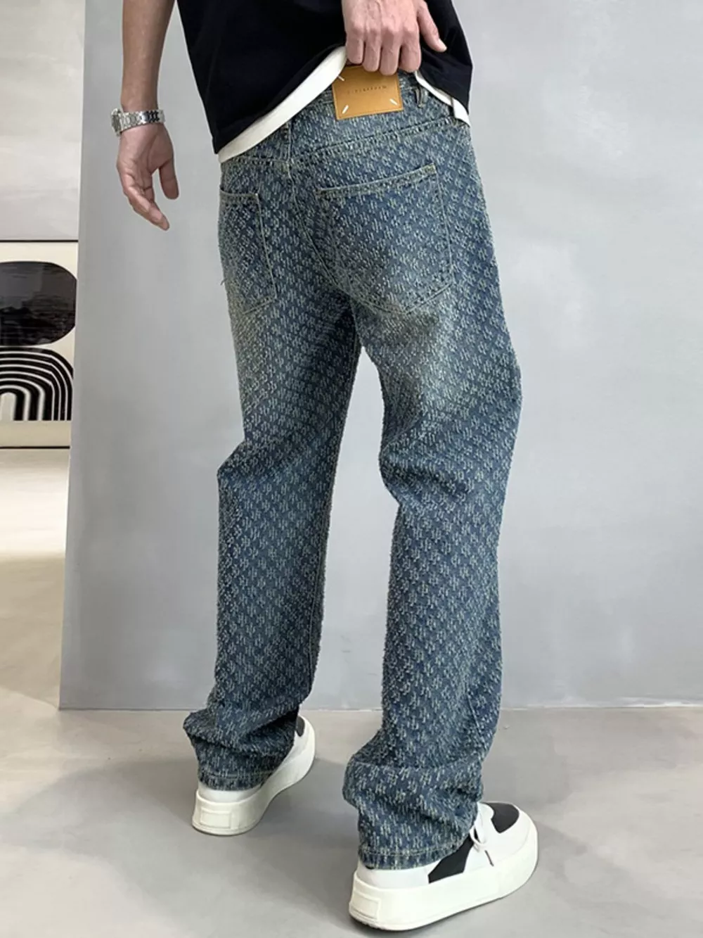 Men's Textured Pattern Relaxed Fit Jeans, image 7