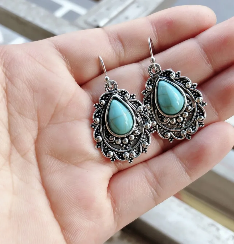 Artificial Turquoise Alloy Teardrop Dangle Earrings, image 3