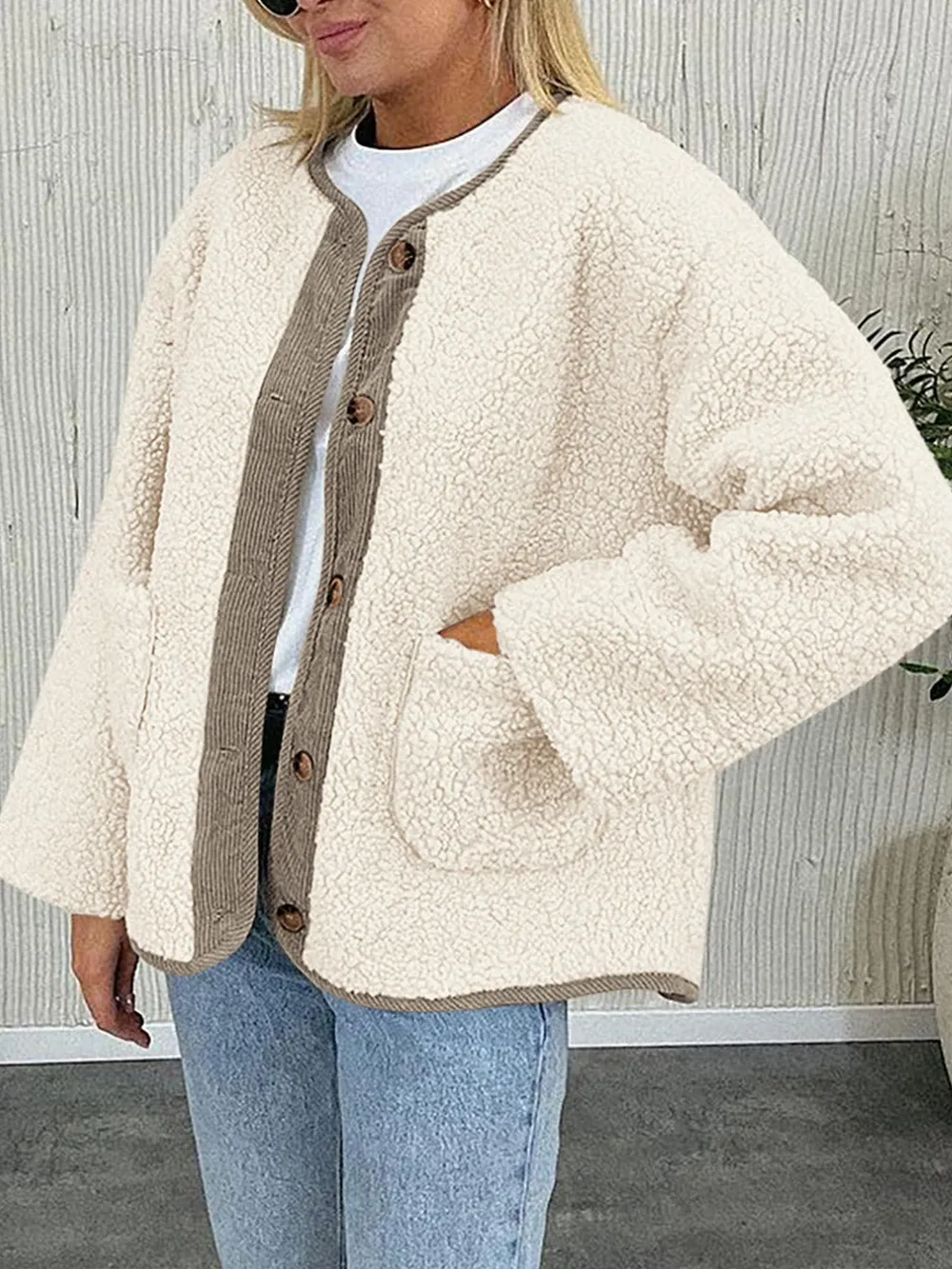 Contrast Button Up Sherpa Jacket with Pockets, image 5