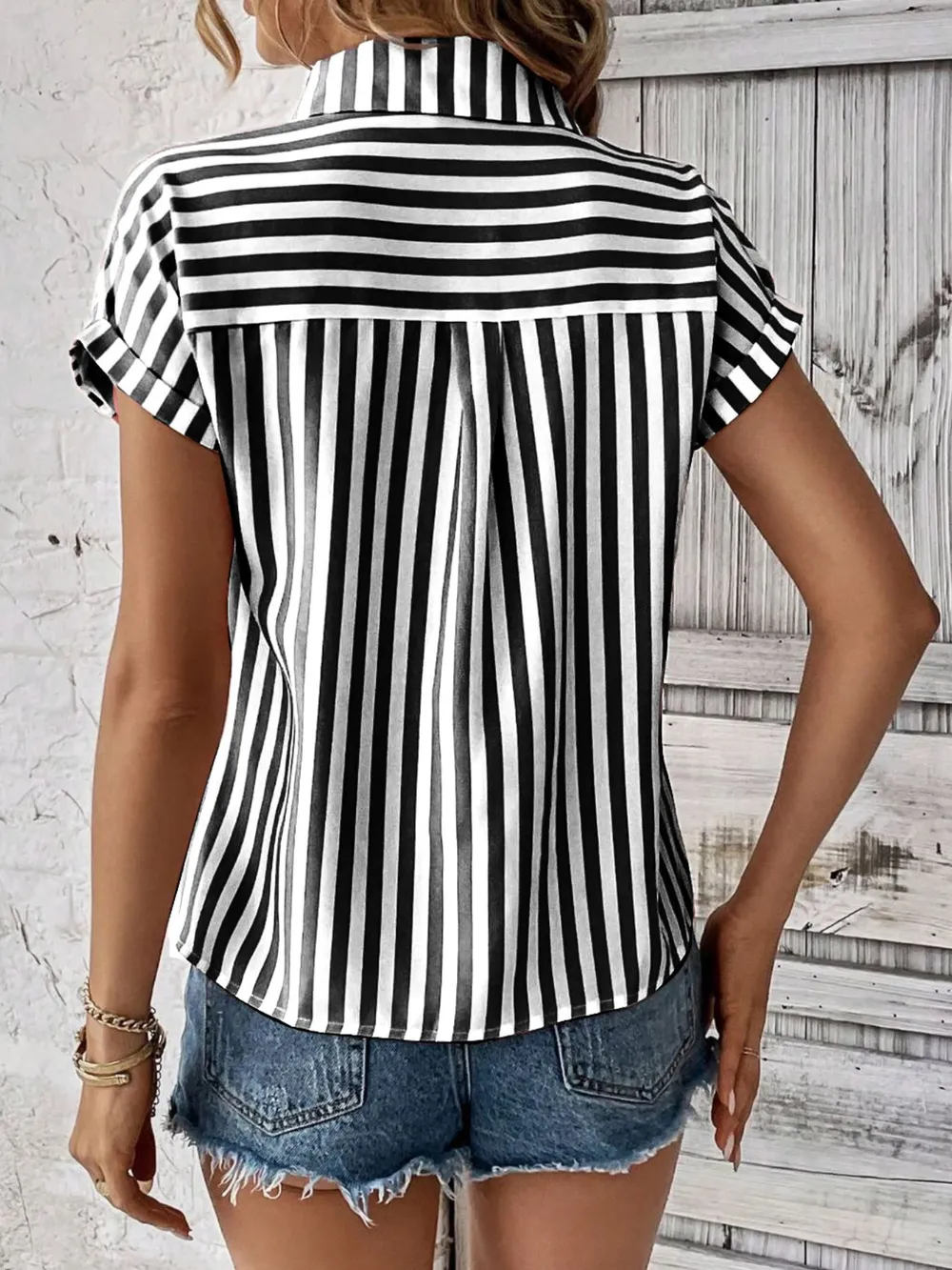 Striped Button-Up Short Sleeve Shirt with Pocket, image 9