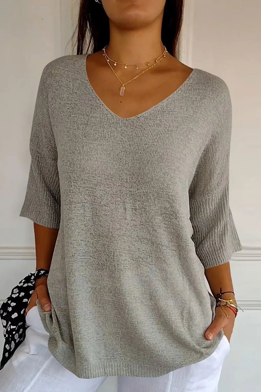 V-Neck Three-Quarter Sleeve Knit Top, image 13