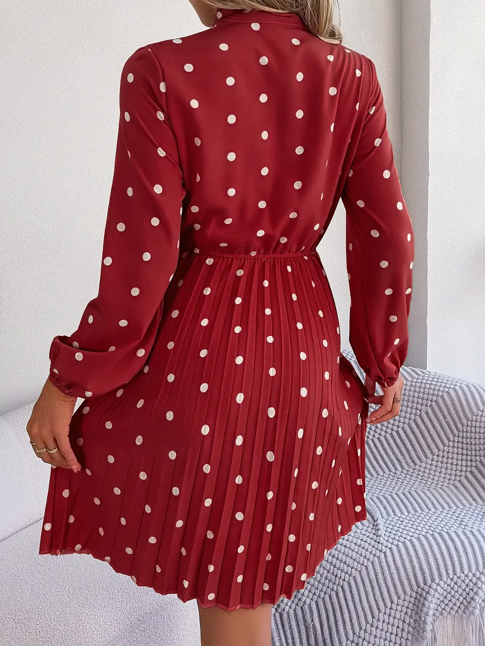 Polka Dot Tie Neck Pleated Dress, image 14