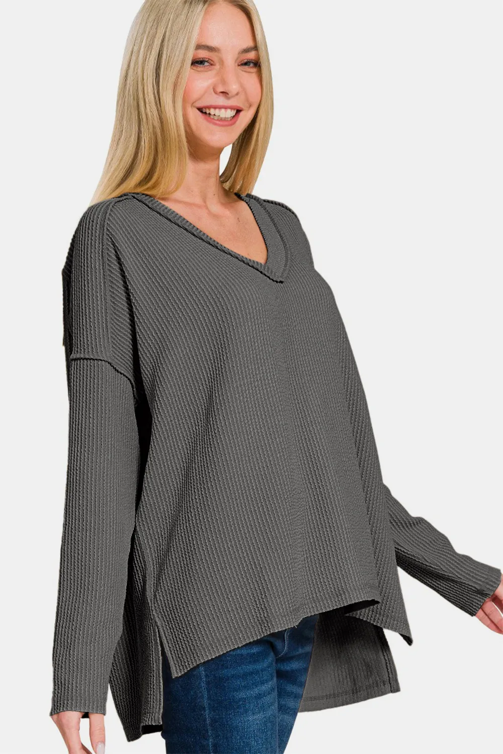 Texture Exposed Seam V-Neck Long Sleeve T-Shirt, image 3