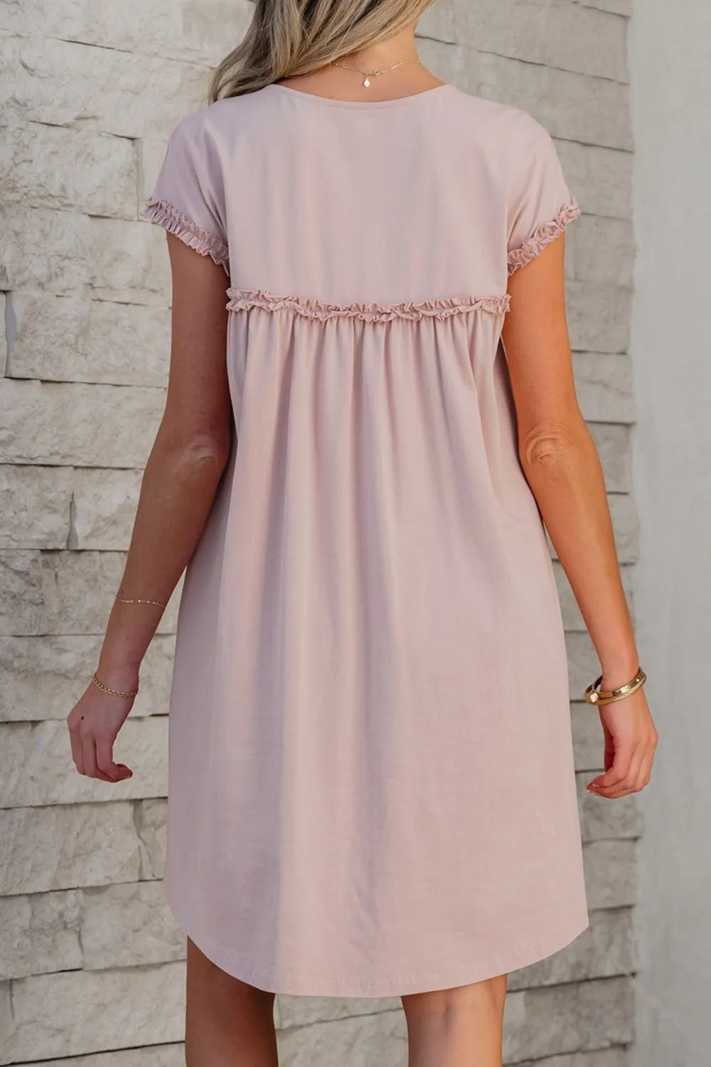 Frilled Trim Crew Neck Cap Sleeve Loose Fit Mini Dress, image 4