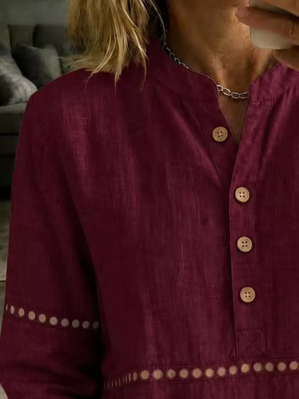Full Size Button Detail Eyelet Long Sleeve Blouse Plus Size, image 15