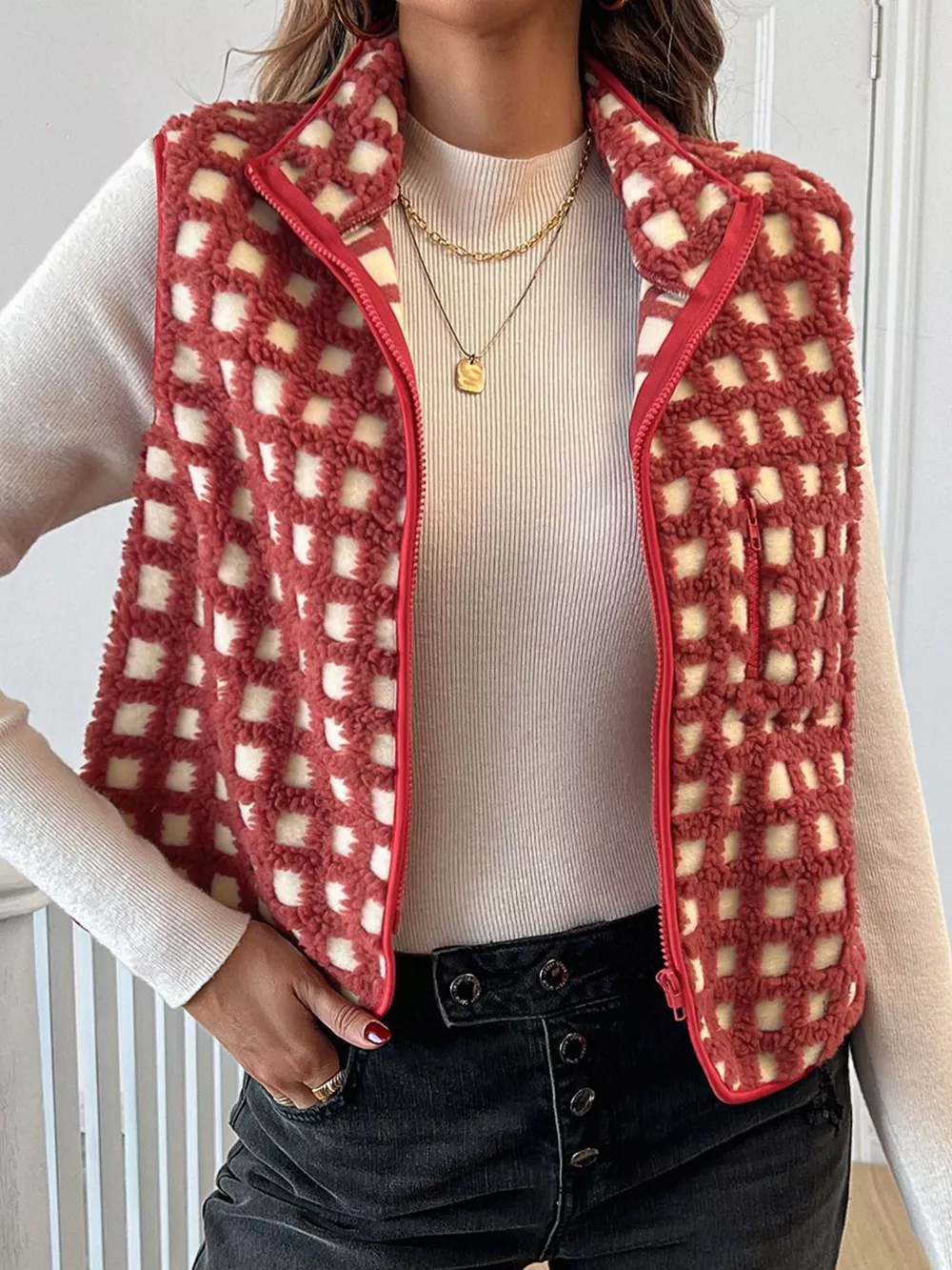 Plaid Zip Up Vest Coat, image 9