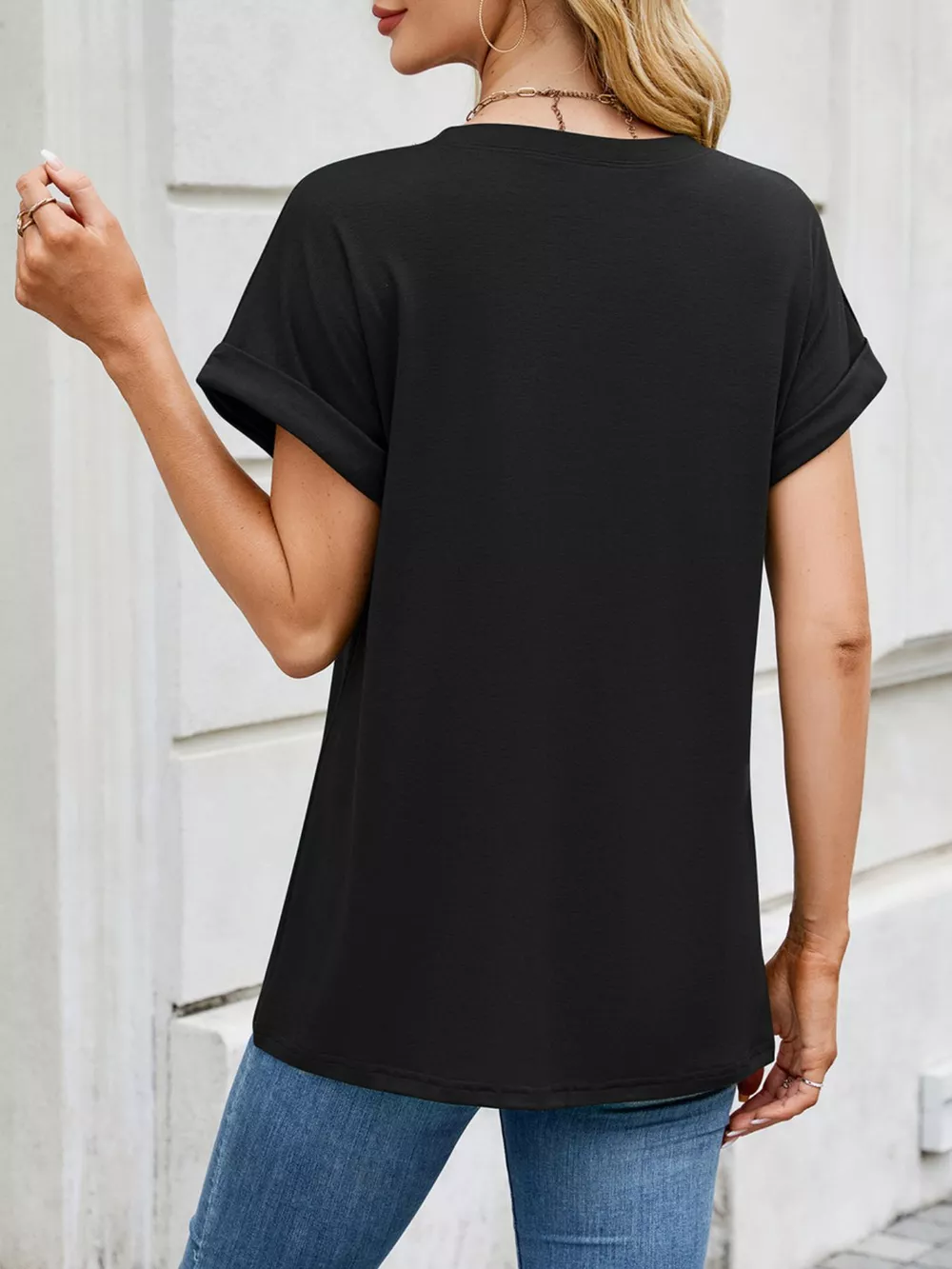 Casual Rolled Sleeve Solid Color T-Shirt, image 15