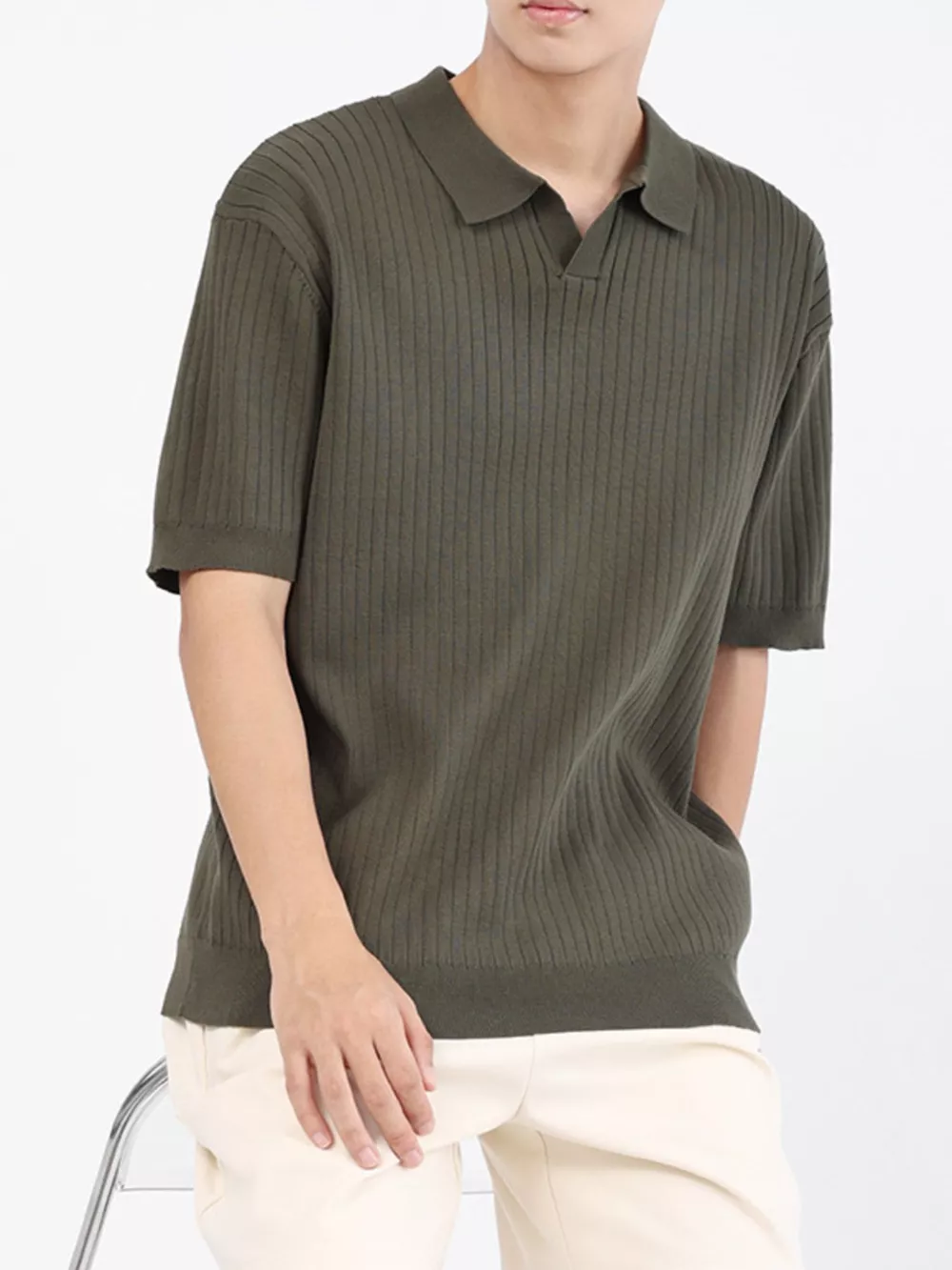 Men's Plus Size Ribbed Knit Short Sleeve Polo, image 9