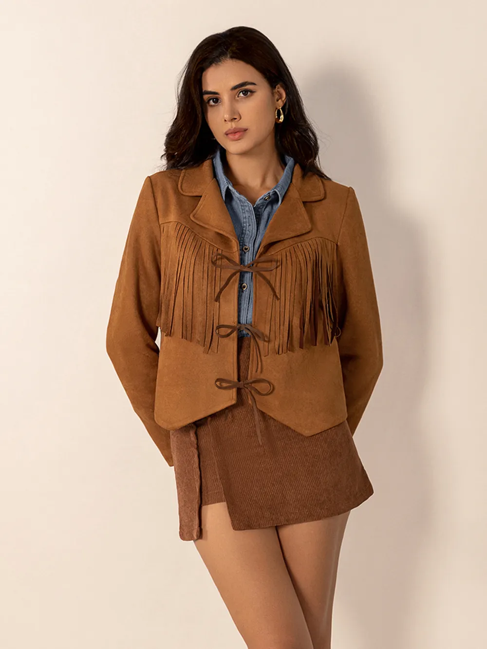 Tied Tassel Collared Neck Long Sleeve Jacket, image 5