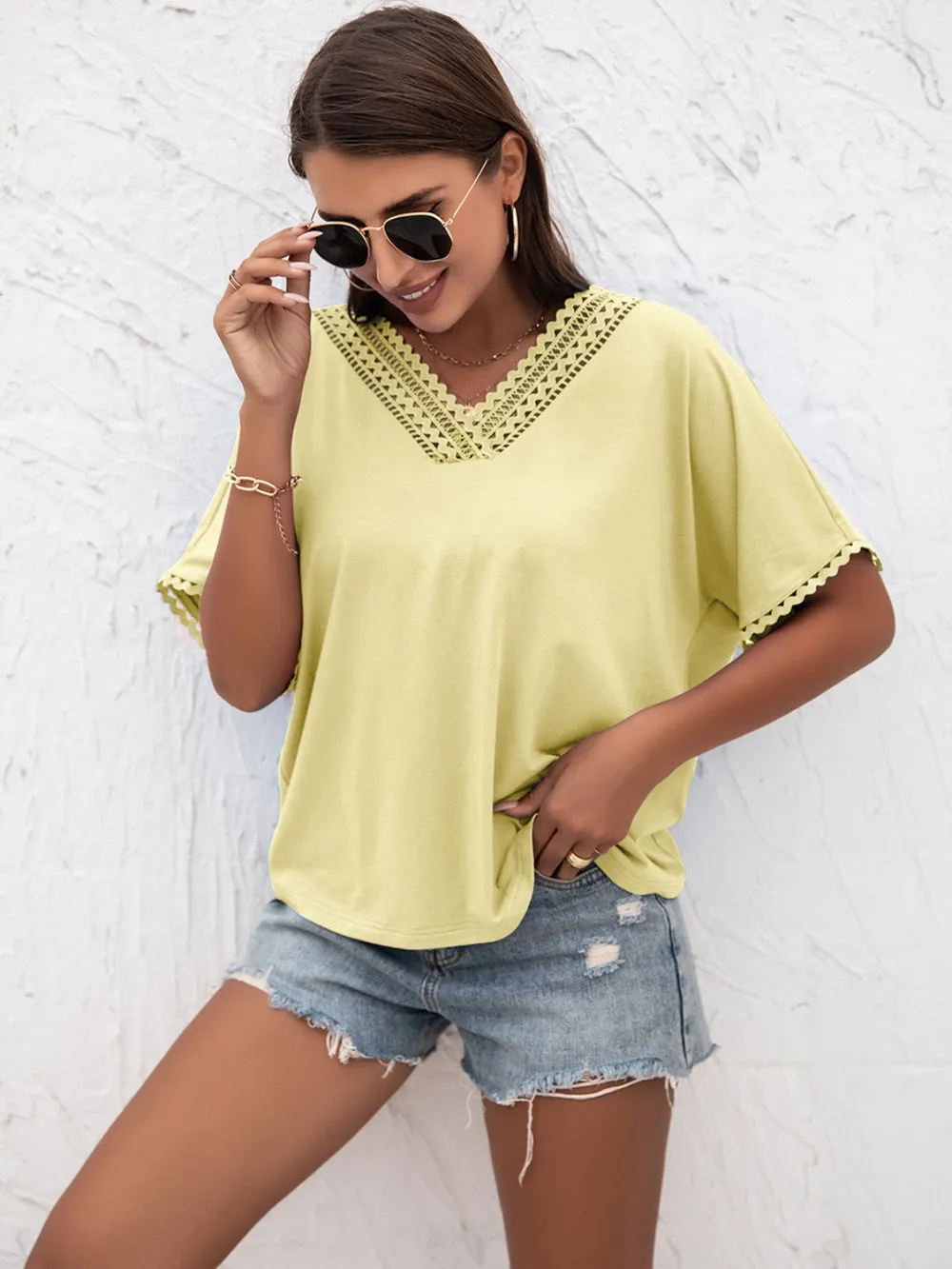Lace Detail V-Neck T-Shirt, image 9