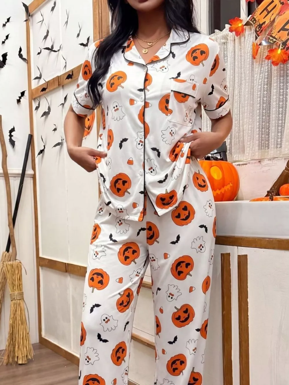 Halloween Pumpkin Print Button-Down Top and Pants Set, image 4