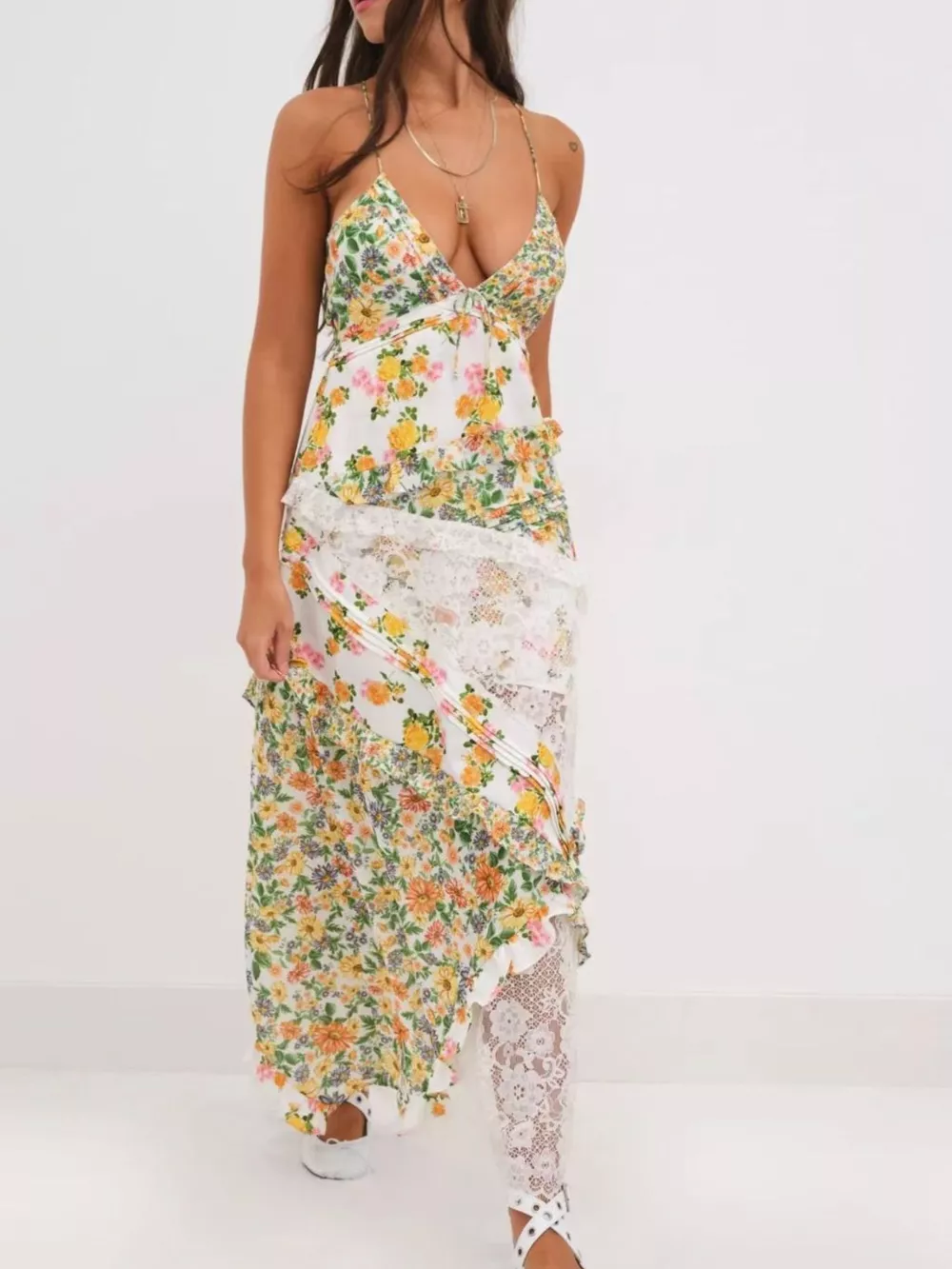 Lace Floral Print Ruffle Trim Maxi Dress, image 18