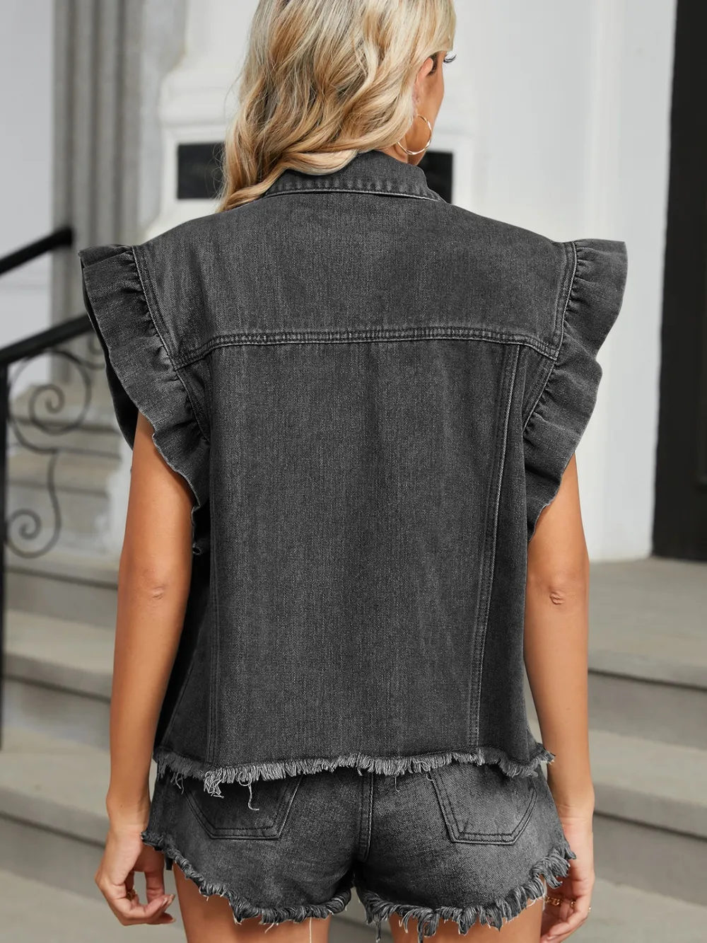Raw Hem Cap Sleeve Denim Jacket, image 4
