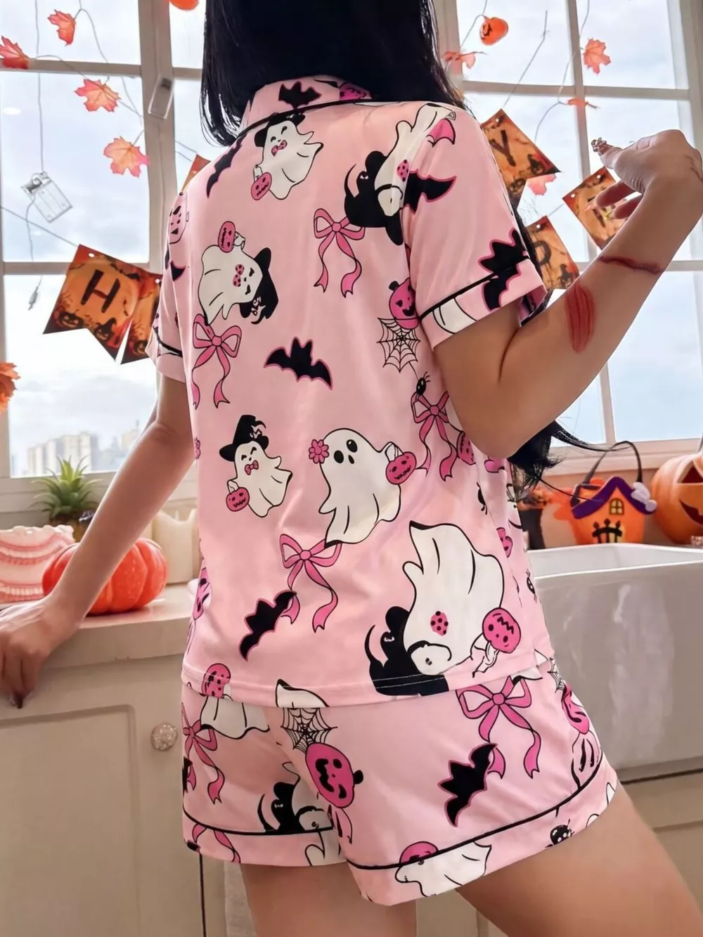 Halloween Ghost Print Button-Down Top and Shorts Lounge Set, image 8