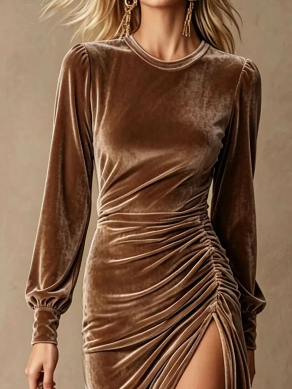 Velvet Ruched Long-Sleeve Slit Dress, image 5