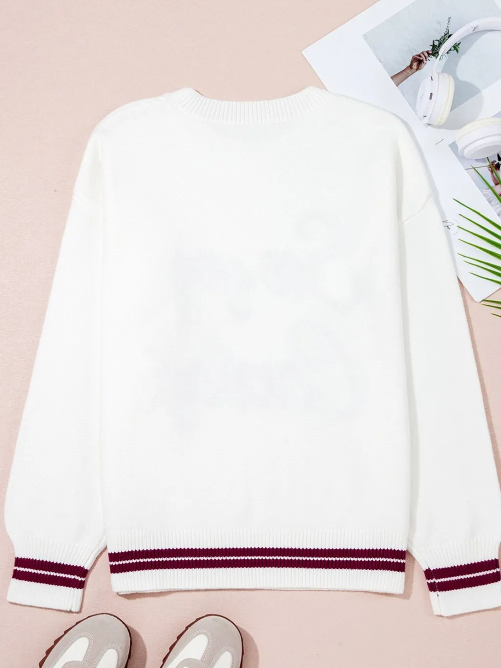 Letter Contrast Hem Round Neck Sweater, image 5