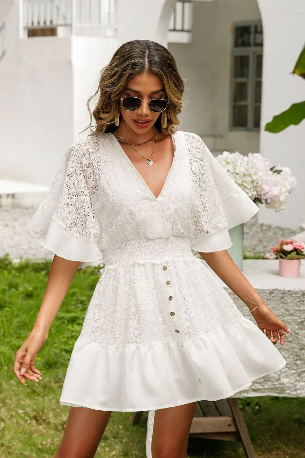 Lace Cutout Surplice Half Sleeve Dress, image 5