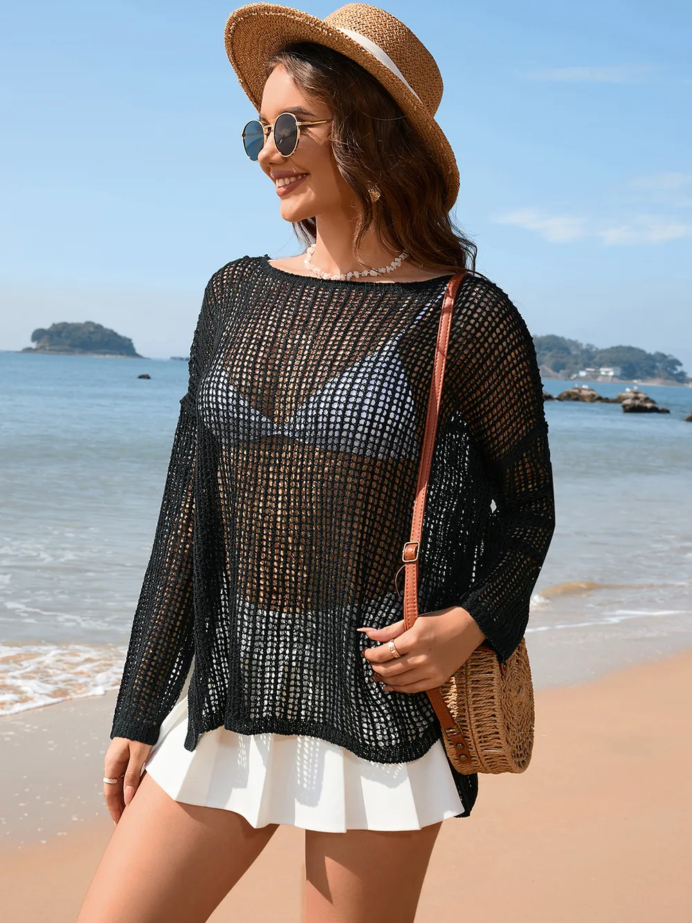 Openwork Slit Boat Neck Long Sleeve Cover-Up, image 13