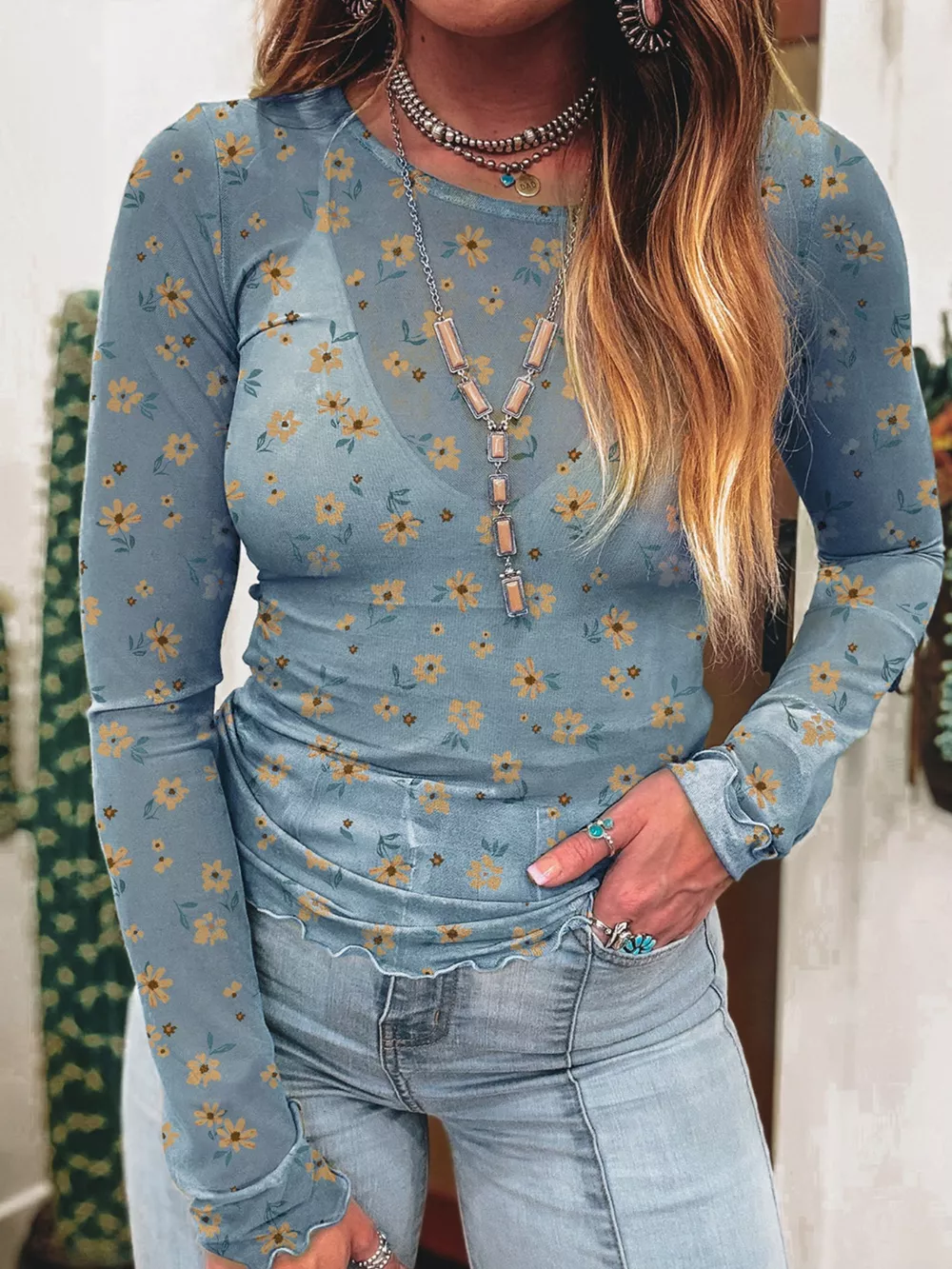 Floral Print Long Sleeve Mesh Blouse, image 3