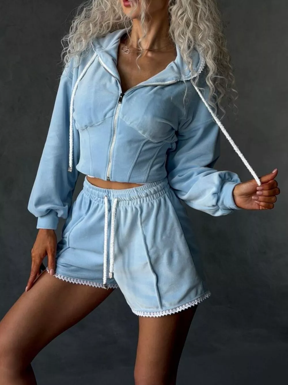 Drawstring Zip-Up Hoodie and Shorts Set, image 12