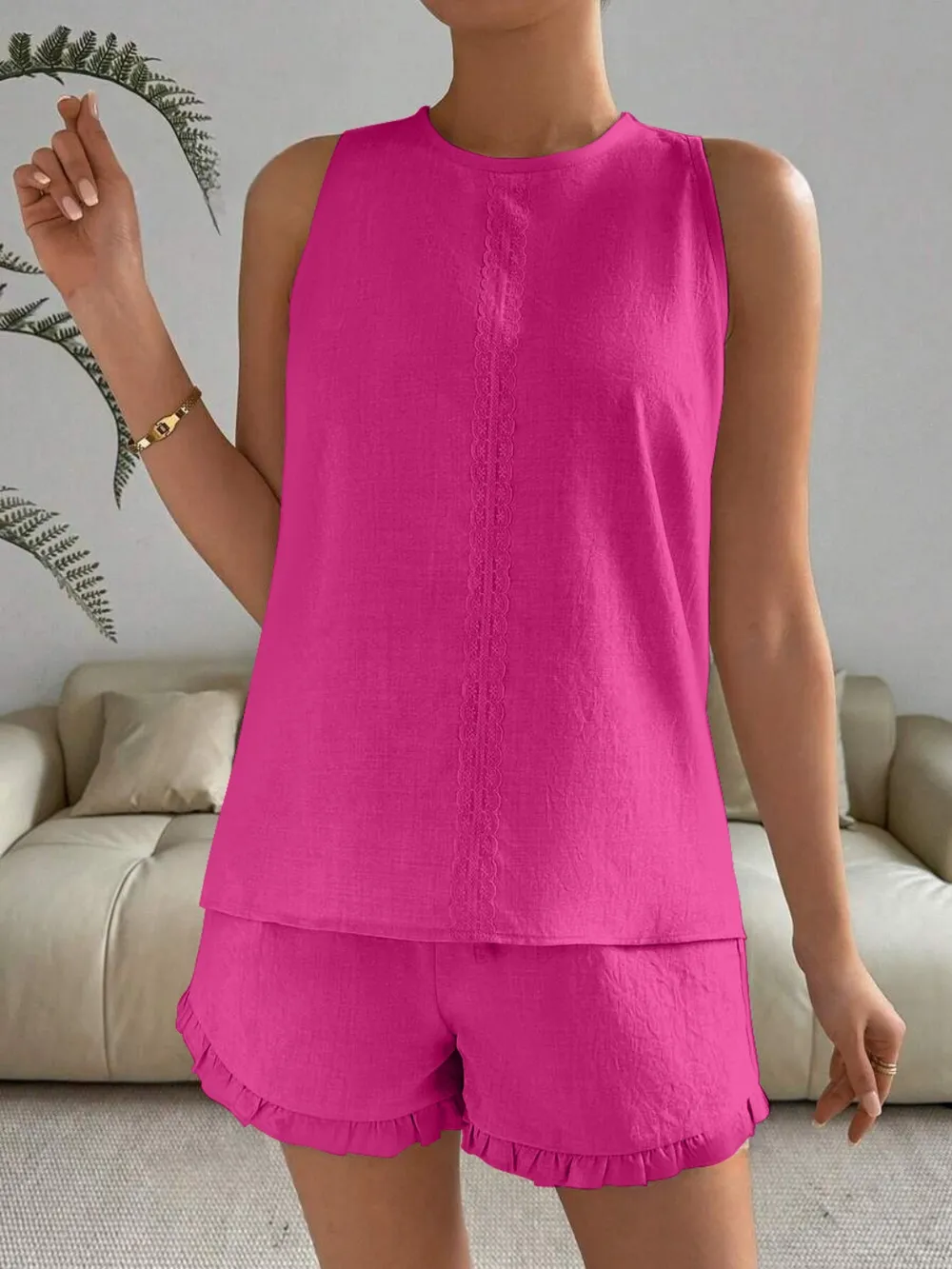 Lace Detail Round Neck Tank and Shorts Set, image 11
