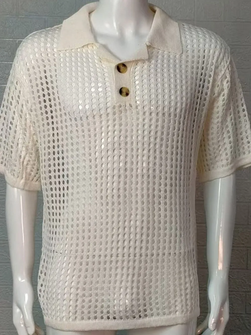 Men's Plus Size Openwork Collared Neck Quarter Button Knit Polo, image 10