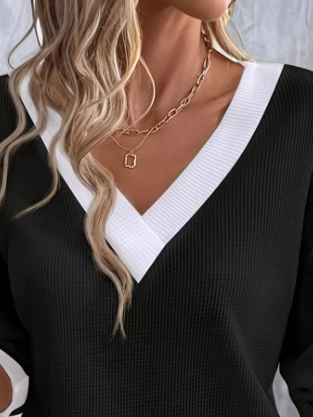 Plus Size V-Neck Long Sleeve Waffle Knit T-Shirt, image 3