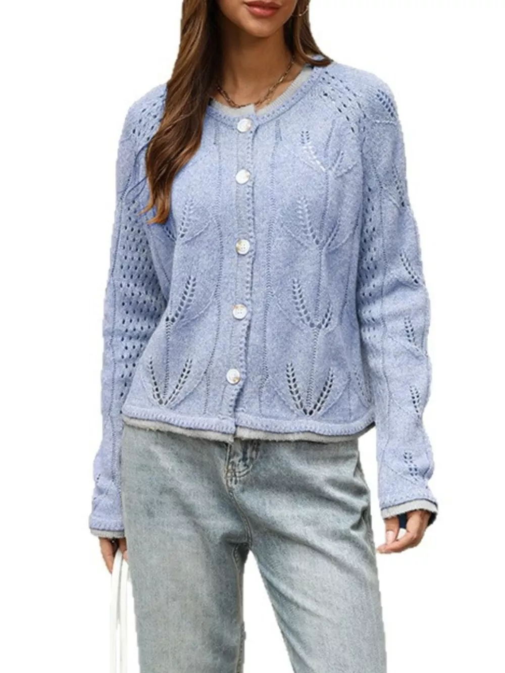 Hollow-Out Knit Button-Down Cardigan, image 2