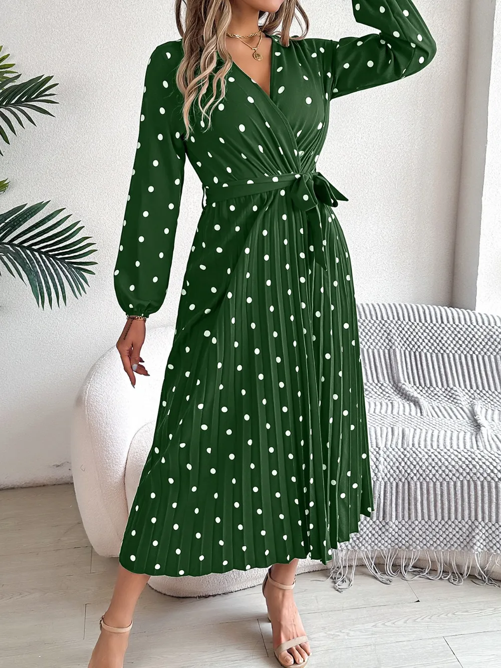 Tied Polka Dot Long Sleeve Midi Dress, image 16