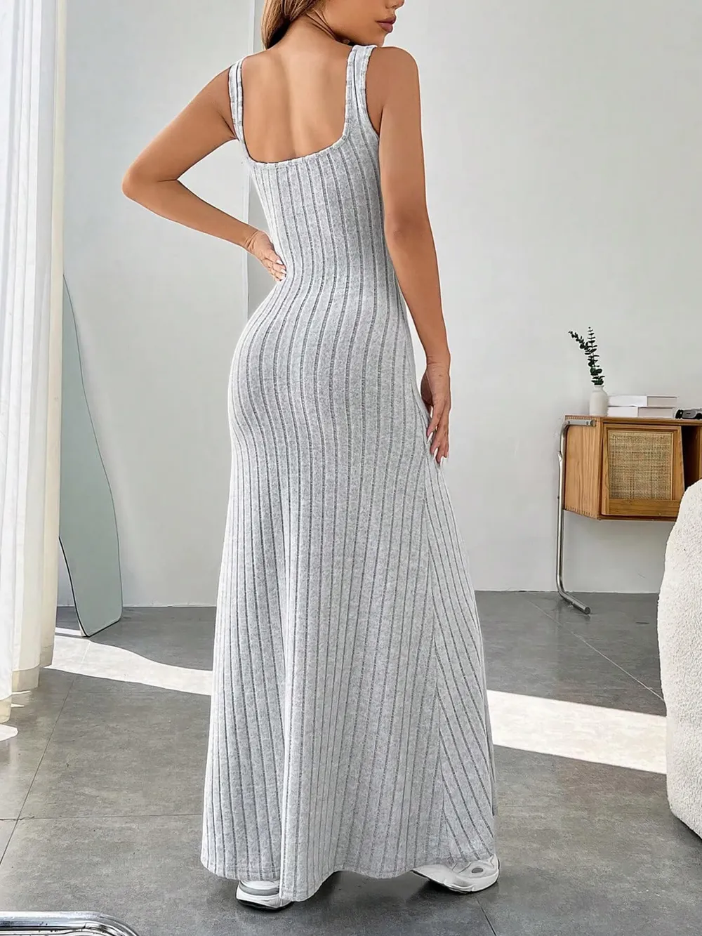 Ribbed Knit Square Neck Sleeveless Maxi Dress, image 8