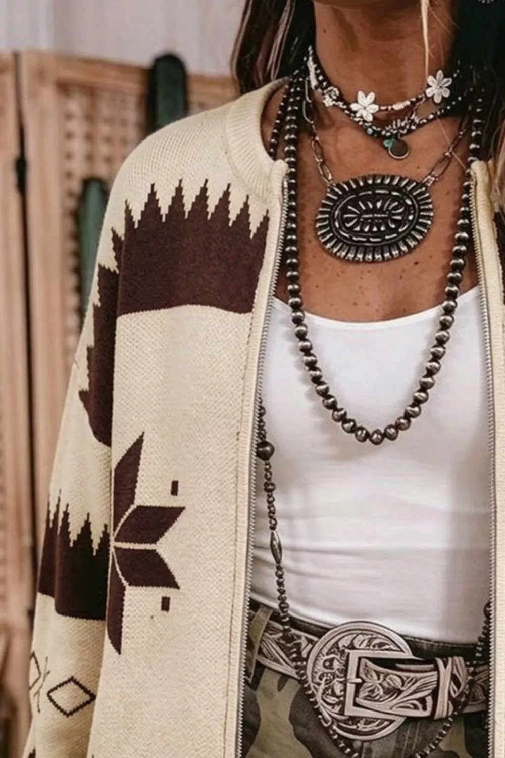 Geometric Zip-Up Knit Cardigan, image 3