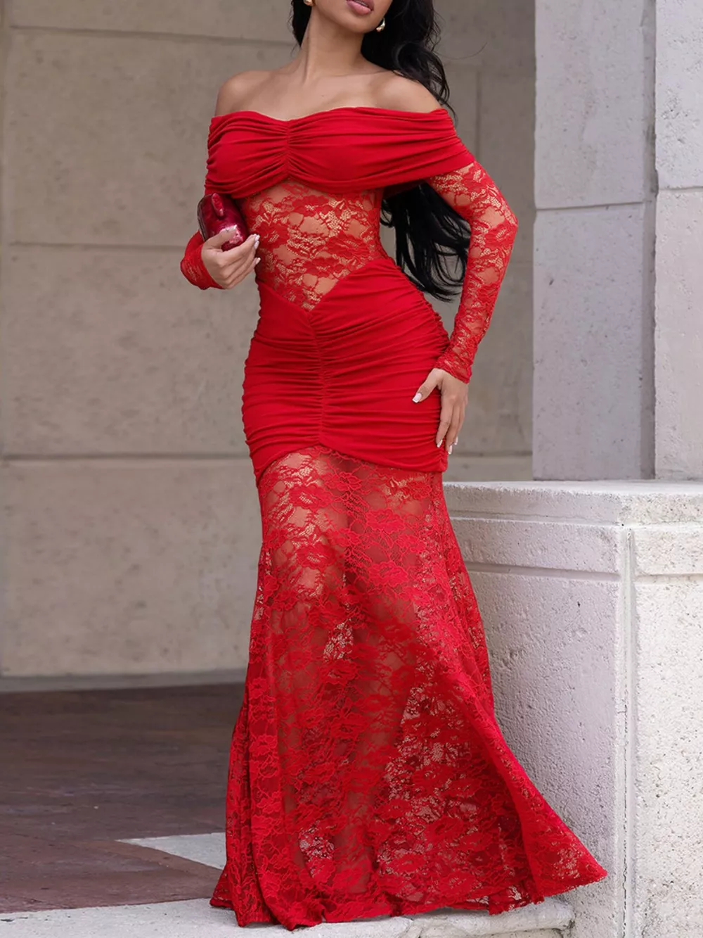 Off-Shoulder Ruched Lace Mermaid Maxi Dress, image 2