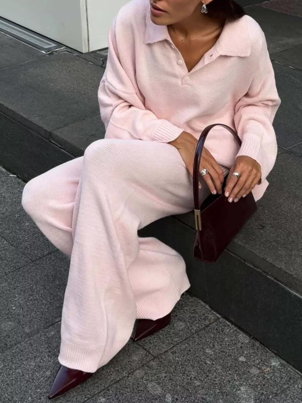 Polo Collar Top and Wide Leg Pants Knit Set, image 3