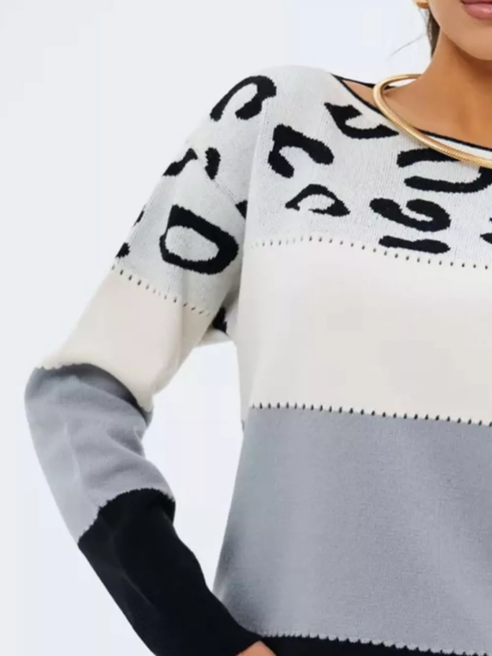 Full Size Leopard Color Block Long Sleeve Sweater Plus Size, image 6