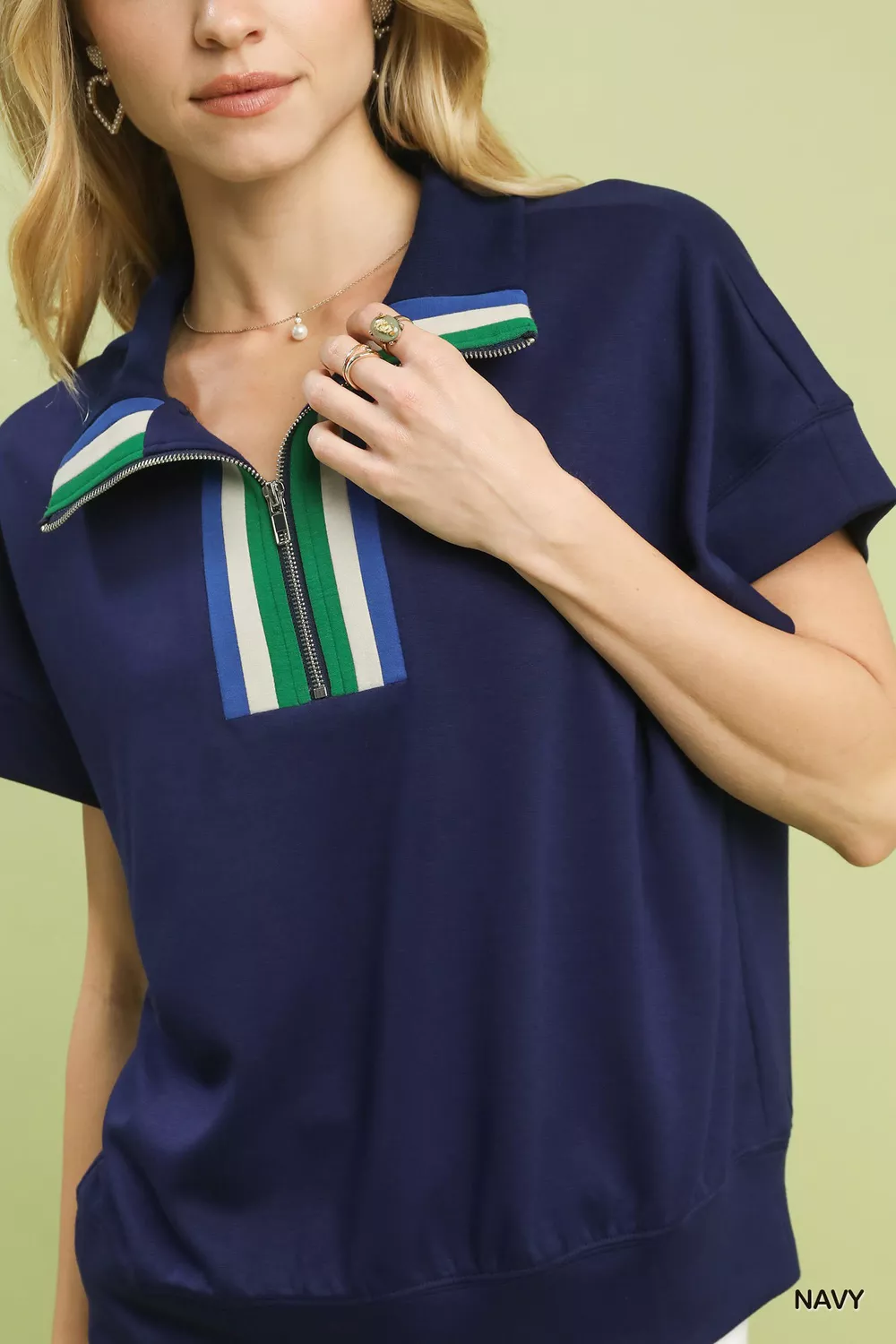 Striped Collared Neck Half-Zip Top, image 2
